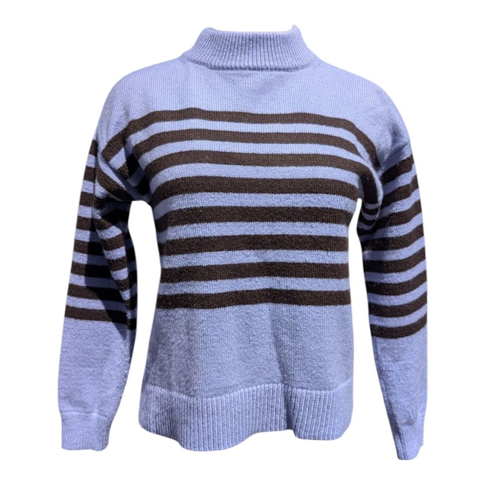 Ann Taylor Cozy Blue & Brown Striped Mock Neck Knit Sweater Women's Size PS Cozy